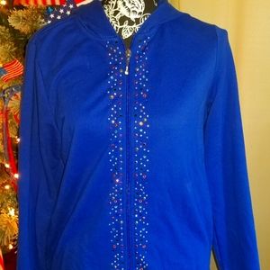 Quaker Factory Royal Blue Super Sparkle Zip Front Rhinestone Jacket Size M